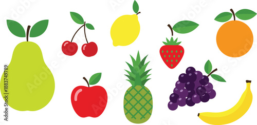 Flat vector illustration of various colorful fruits including apple, banana, pear, orange, grapes, pineapple, strawberry, lemon, and cherries on white.