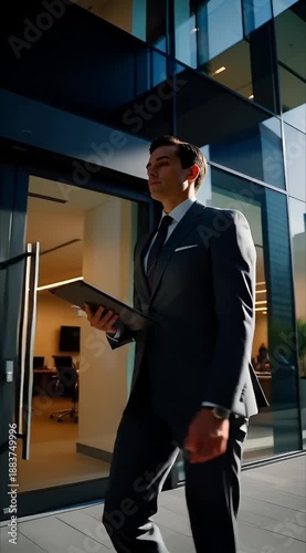 A well-dressed businessman walks in front of a modern office building with glass facade