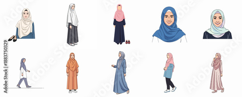 vector illustration set of a muslim woman wearing hijab on a white background
