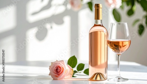 Refreshing ros? wine bottle and full glass next to a pink rose, highlighted by natural sunlight and subtle shadows.