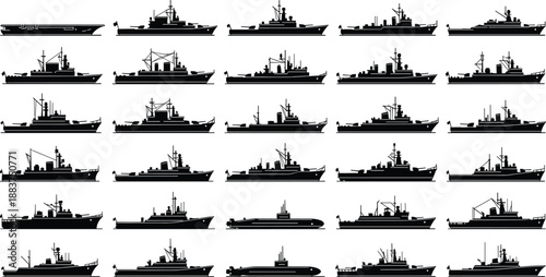 Massive collection of military naval ship silhouettes, including aircraft carriers, destroyers, frigates, and submarines, isolated vector icons for marine warfare and navy fleet design