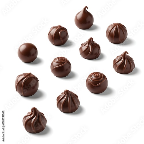 Collection of assorted gourmet milk chocolate truffles on white