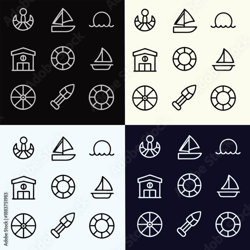 Set of minimalist nautical and marine line icons featuring sailboat anchor lifebuoy and ocean travel symbols for web and graphic design
