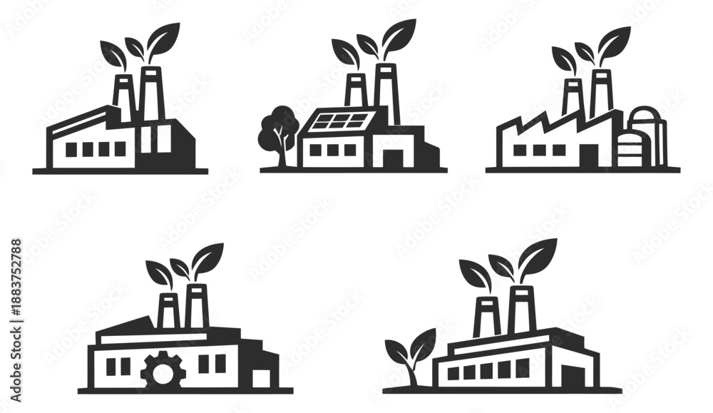 Fototapeta premium Eco friendly factory icon set featuring smoke stacks emitting leaves, solar panels, trees and gears for sustainable industry concepts