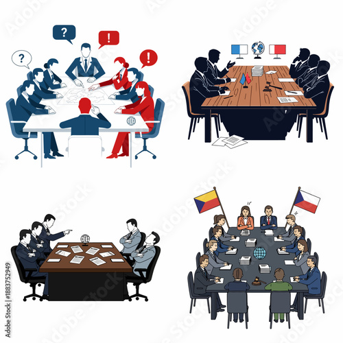 Vector illustration set of tense international negotiating table on white background
