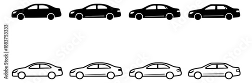 Simple line art and silhouette car icon set featuring modern automobile designs for transportation and automotive concepts