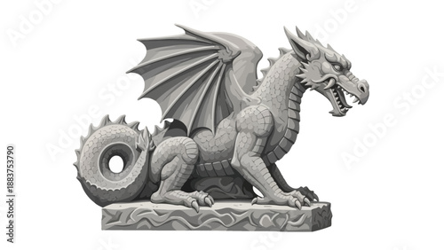 Detailed monochrome sculpture of a mythical dragon figurine with wings and sharp teeth.