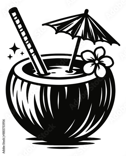Hand drawn line art illustration of a tropical coconut cocktail depicting a refreshing beverage with a straw, umbrella, and flower for summer vacation