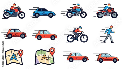 Transportation Icons Featuring Cars and Motorcycles.