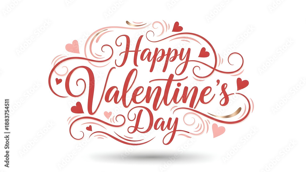 Fototapeta premium Happy Valentines Day script with hearts and swirls