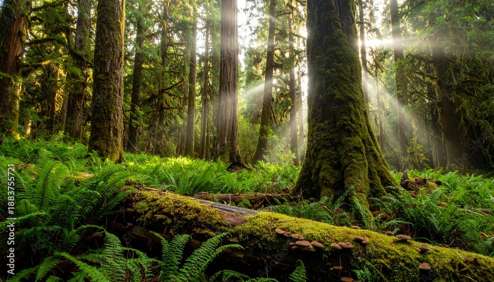 Fototapeta premium Sunlight filtering through a lush, green forest with ferns and moss-covered trees, creating a serene and mystical atmosphere.