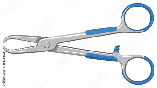 Surgical scissors with blue handles vector illustration for medical supply catalogs, surgical pack diagrams and clinical procedure materials