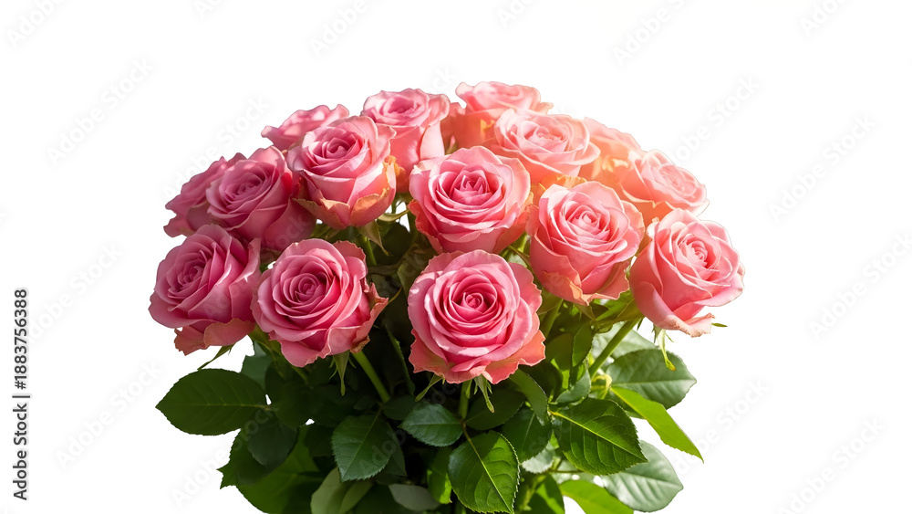 Obraz premium A lush bouquet of pink roses with vibrant green leaves stands against a bright white background a beautiful display of natural beauty