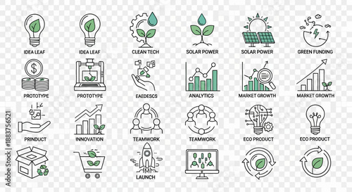Eco Business and Startup Line Icons Set. Sustainable Innovation, Green Technology, Market Growth, Solar Power, and Teamwork Vector Collection.