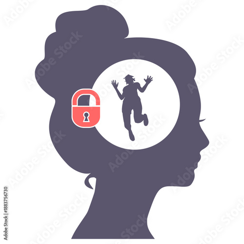 Joyful jumping girl inside a female head. Psychological and mental health symbol of mental prison and restriction. Fixed mindset. Introvert character.