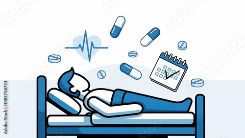 Person lying in bed surrounded by floating medication and calendar viewed from the side