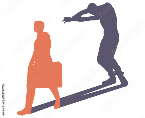 Difference between energy and mood level. Businessman in two versions tired and active. Ready to work and burnout comparison. Businessman walking with briefcase and casting shadow of zombie.