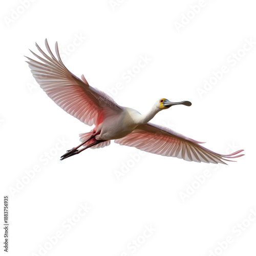 Eurasian Spoonbill Flying with Bill Open Isolated