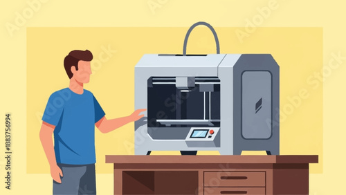 A man operating a modern 3D printer on a wooden desk, illustrating additive manufacturing technology.