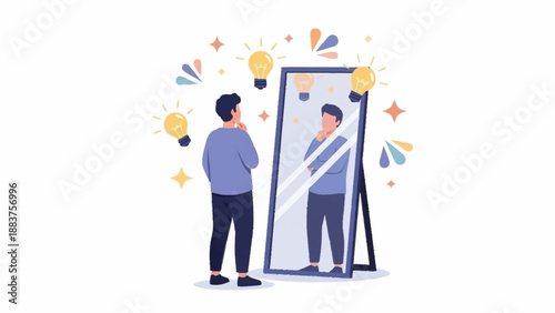 An illustrated man stands before a mirror, contemplating his reflection amidst a burst of glowing lightbulb ideas and inspiration.