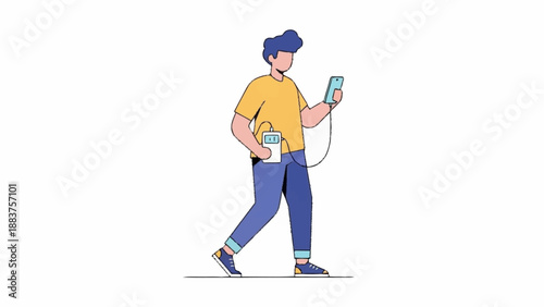A young man walks, engrossed in his smartphone, which is connected to a portable power bank.