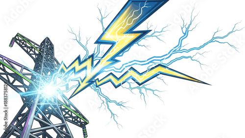 Electricity transmission tower with lightning strike and power surge.