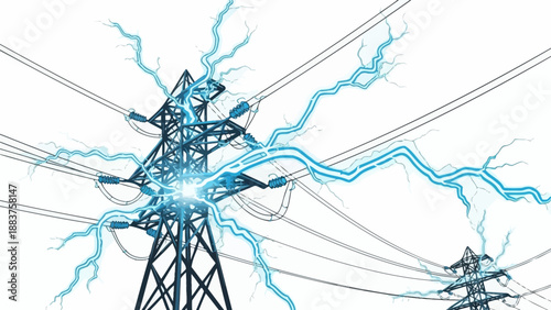 Electricity transmission tower with electrical discharge and power lines.