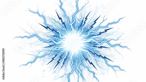Electricity explosion abstract blue light burst on white background.