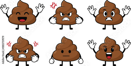 Cute poop emoji character set with multiple facial expressions, cartoon mascot vector illustration collection for stickers, social media reactions, children design and fun graphic elements