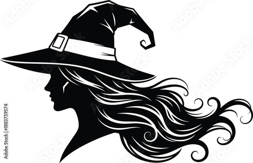 Mystical witch woman silhouette illustration with flowing hair and pointed hat black and white fantasy Halloween magic vector design isolated minimal gothic art