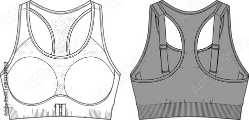 Women’s sports bra technical flat sketch with front and back views, activewear fashion design illustration showing racerback straps, support structure, and athletic garment construction