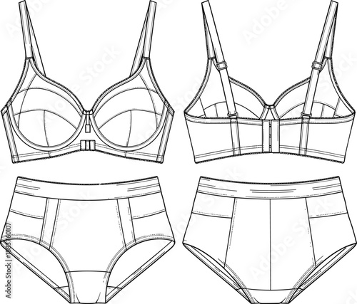 Women’s lingerie technical flat sketch showing bra and panties set with front and back views, underwear fashion design illustration for apparel development