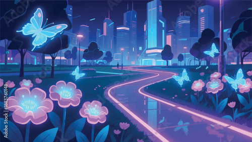 Illustration Of A Futuristic City Park At Night, Glowing Flowers With Digital Butterflies Floating Like Energy Particles Vector Design Template