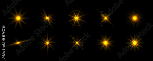 Golden glowing sparkling set. Magical gold stars, twinkles and sparks glowing pack. Shining light flare effect collection. Yellow sun burst bundle. Starlight rays radiance sun elements. Vector