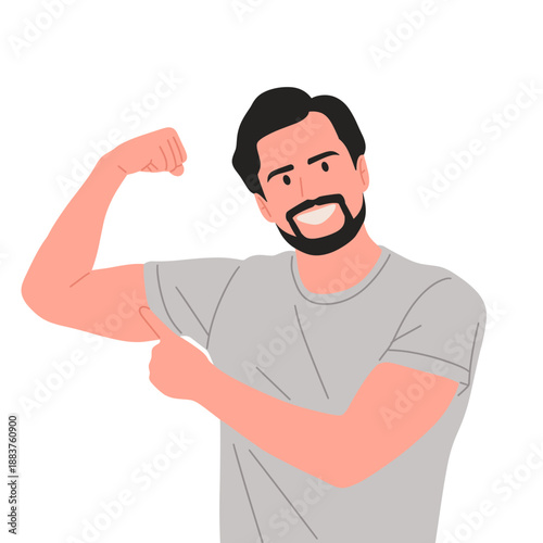 Confident men showing strength poses, flexing arms and smiling, diverse people empowerment and motivation concept, flat cartoon illustration isolated on white 