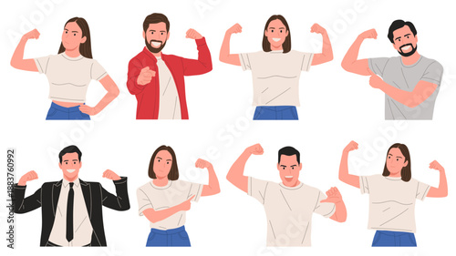 Confident men and women showing strength poses, flexing arms and smiling, diverse people empowerment and motivation concept, flat cartoon illustration isolated on white background.