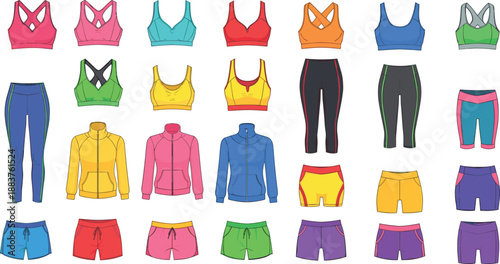 Women colorful activewear set fashion flats, sports bras leggings shorts jackets technical vector illustration, fitness workout apparel collection design pack