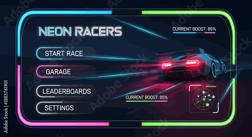 Futuristic racing game interface with neon lights and car
