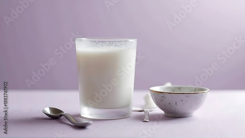 frosted glass filled with madila (sour milk) on a light table, with a small spoon and an empty minimalist bowl nearby (hinting culinary use).