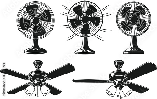 Electric table fan and ceiling fan silhouette set with various blades and lamp fixtures for cooling ventilation and home appliance concepts