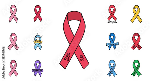 Colorful awareness ribbons and icons for various causes on a white background, including America and people related symbols.