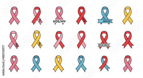 Vector illustrations of colorful awareness ribbons for various causes on a white background, including America support symbols.