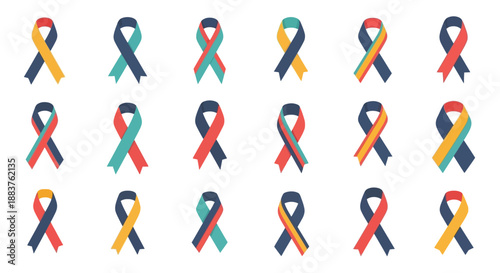 Vector illustrations of colorful awareness ribbons icons on white background for America, representing various causes and people support
