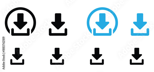 Download Icon Vector Set, Black and Blue Save Arrow Symbols for Web and App Interface,Download icon. Downloading sign. Download button. Arrow downloading icon. Download files icon. 