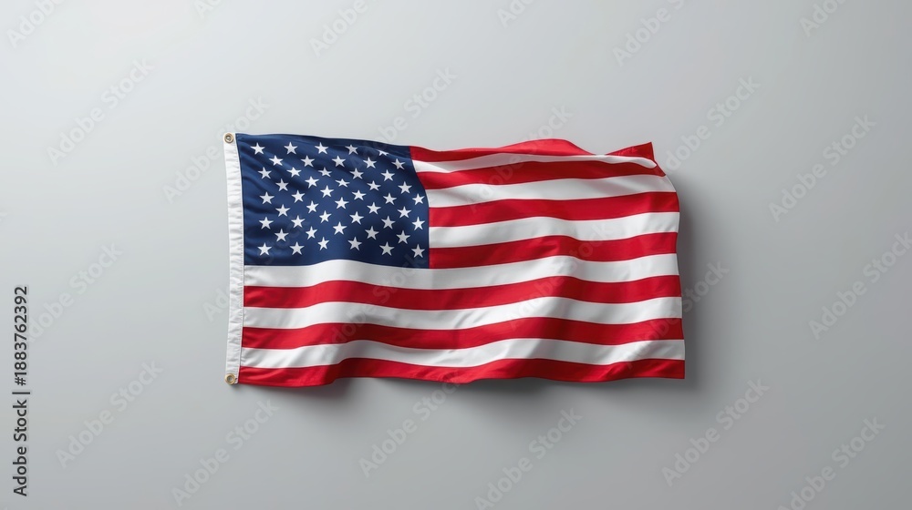 Fototapeta premium American flag waves gently against a soft gray wall creating a patriotic symbol of national pride and unity for the United States.