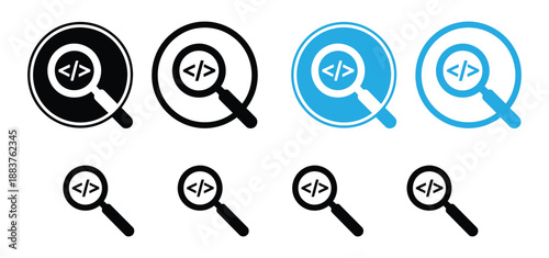 Code Search Icon Set, Vector Magnifying Glass with Programming Brackets, SEO Analysis, and Debugging Symbols for Web Design,
