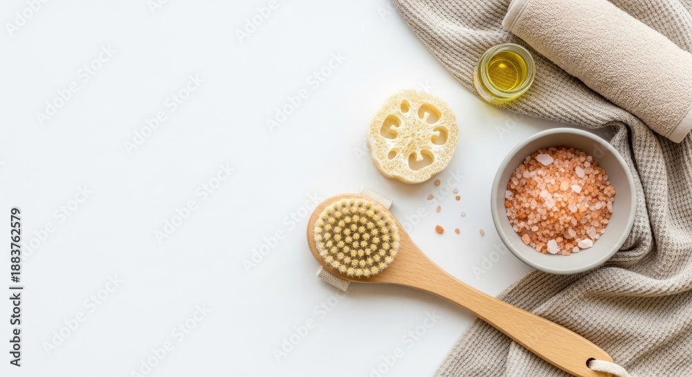 Fototapeta premium Spa essentials flat lay with natural loofah, himalayan salt, and wooden brush on white background