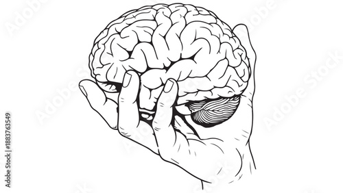 Hand holding brain illustration representing neurology cognitive research and neuroanatomy study vector illustration