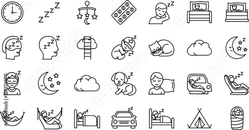 Vector Line Art Icon Set of Sleep and Rest Featuring People Sleeping in Bed Hammock and Car with Sleeping Masks Baby Sleeping Pills and Dreaming Elements