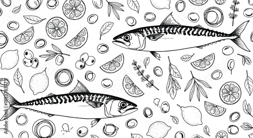 Vector Line Art Illustration of Mediterranean Seafood Featuring Whole Mackerel Fish Fresh Lemon Slices Olives and Herbs for Culinary and Seafood Market Design